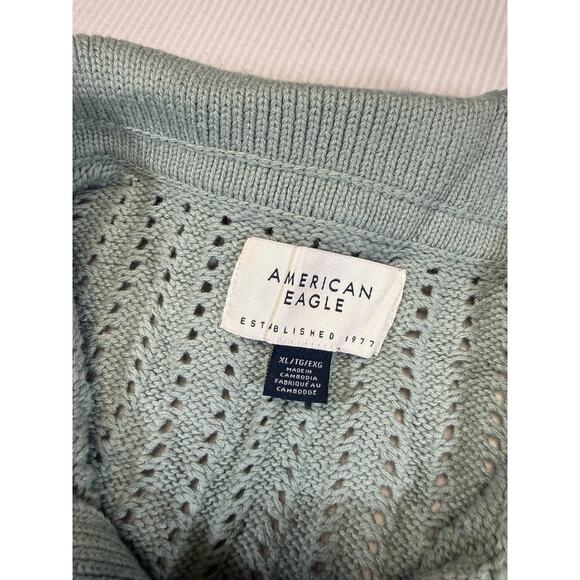 American Eagle Knit Polo Shirt XL Green Open Knit Sweater Short Sleeve Mens - Picture 6 of 7